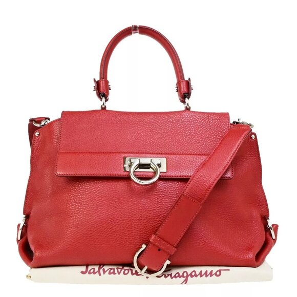 SALVATORE FERRAGAMO Gancini 2Way Shoulder Hand Bag Leather Red